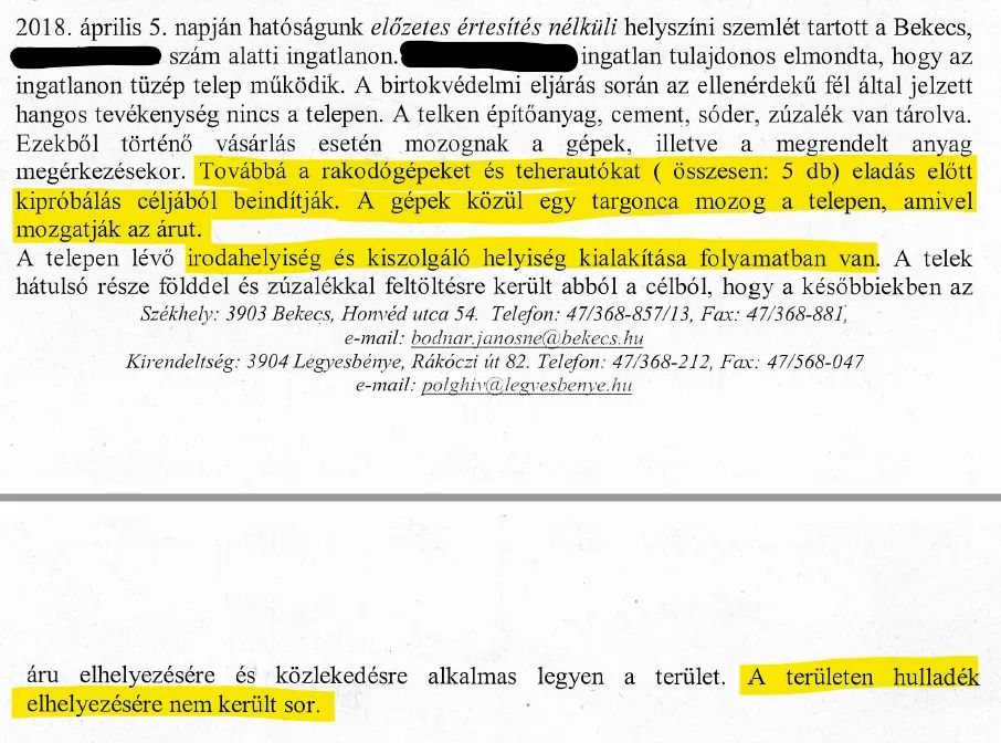 Részlet a jegyző 2018. április 5-ei “előzetes értesítés nélküli” szemléjéből — a jegyzőt az sem zavarta, hogy a csatolt videofelvételeken a targoncán kívül minden más mozgott, Rezső szava erősebb